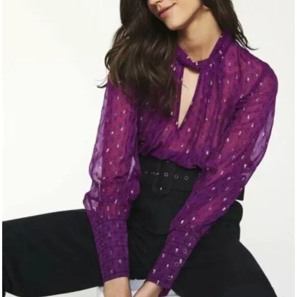 BA&SH Cabri Metallic Sheer Blouse Plum Purple Sz M {MM34} - Picture 3 of 9